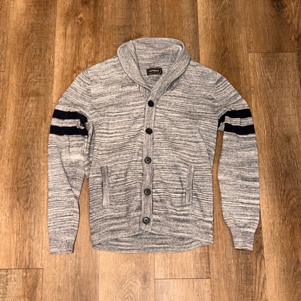 Express Mens Shawl Collar Cardigan Sweater Gray Marl Navy Sleeve Stripe Small